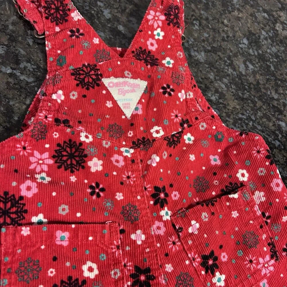 Vintage Oshkosh Floral Snowflake Red Overalls 100% Cotton Infant 9 M Corduroy